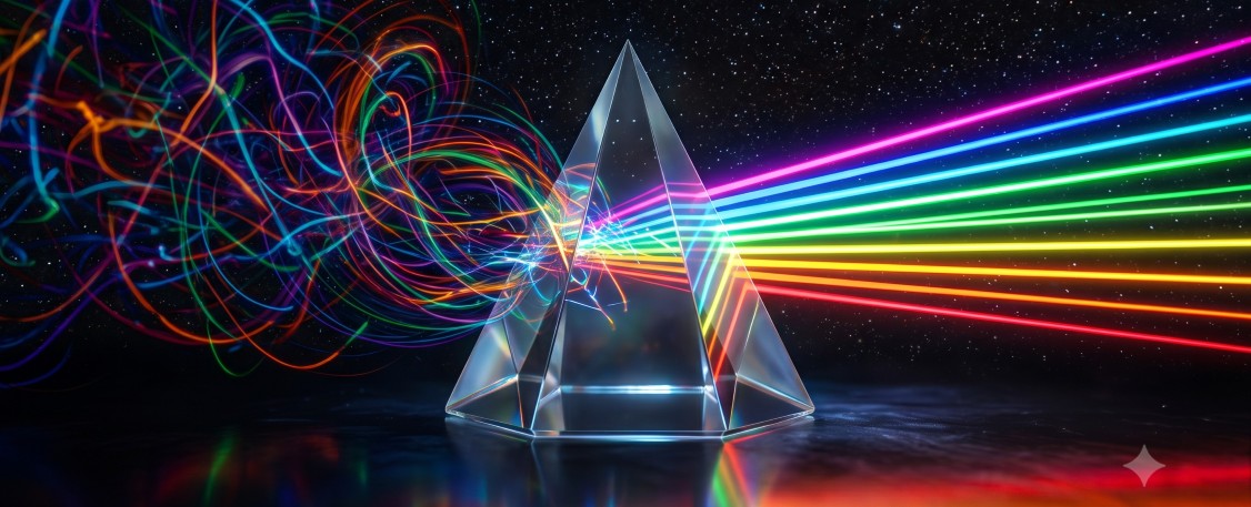 Image of disorganised light entering a prism and becoming organised